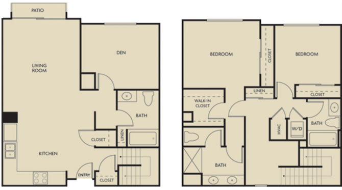 Floor plan for 2 beds, 3 baths, 1578 sqft